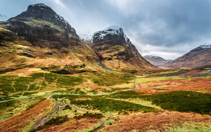 A view of the mountain pass at Glencoe, Scotland, in autumn